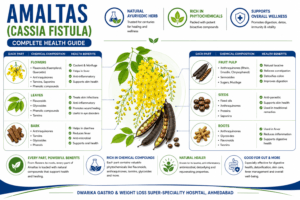 Amaltas (Cassia Fistula) health guide infographic showing flowers, leaves, bark, roots, seeds, and fruit pulp with their chemical composition and health benefits.