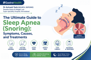The Ultimate Guide to Sleep Apnea (Snoring): Symptoms, Causes, and Treatments – medical infographic about snoring, CPAP therapy, obesity, sleep study, and sleep apnea treatment by Dr Avinash Tank Ahmedabad