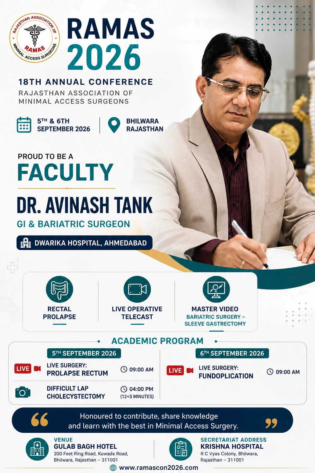 RAMAS 2026 conference poster listing Dr. Avinash Tank as faculty, with the academic programme for 5 and 6 September 2026