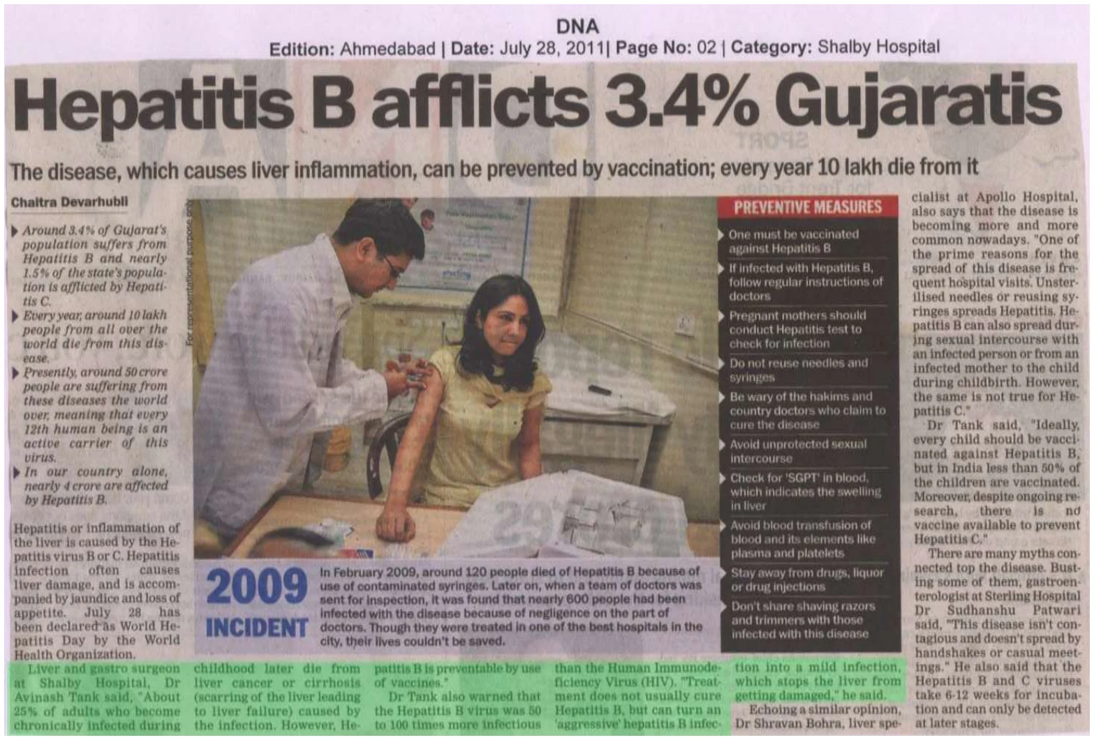 Dr. Avinash Tank — DNA clipping, 28 July 2011: “Hepatitis B afflicts 3.4% Gujaratis”