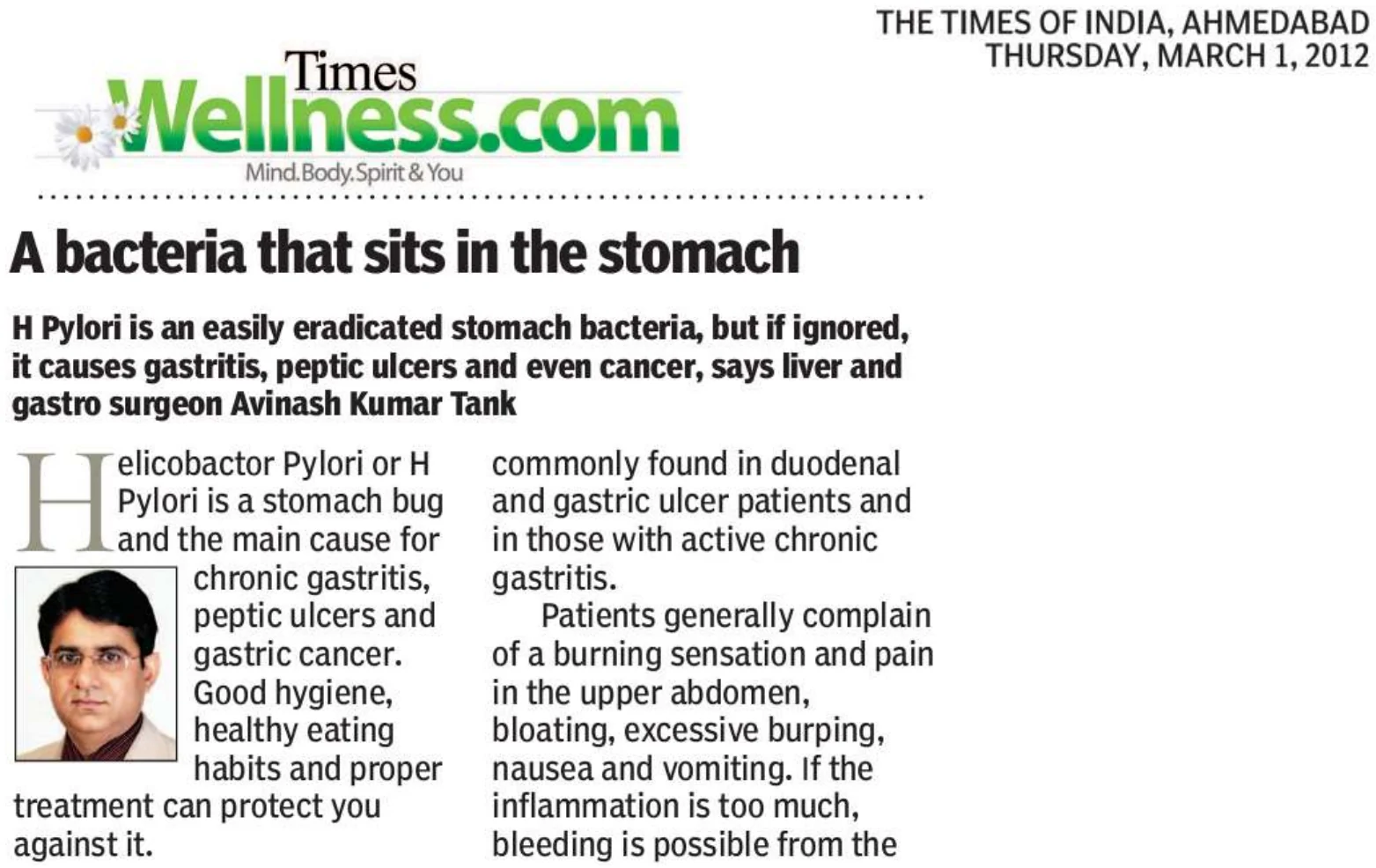 Dr. Avinash Tank — The Times of India clipping, 1 March 2012: “A bacteria that sits in the stomach”