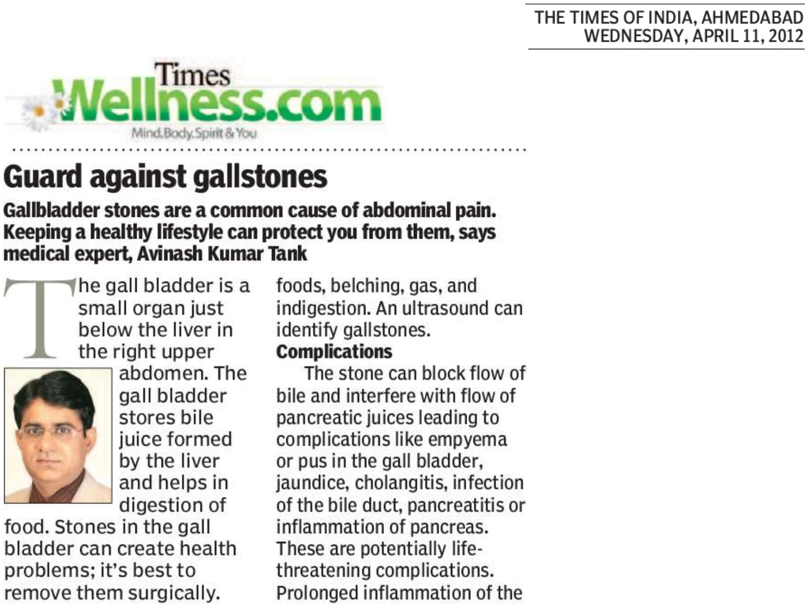 Dr. Avinash Tank — The Times of India clipping, 11 April 2012: “Guard against gallstones”