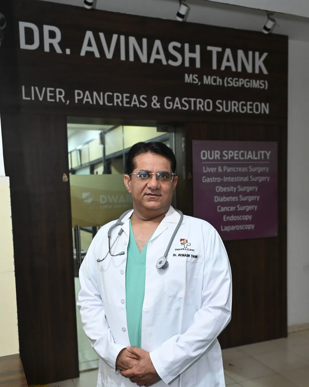 Dr. Avinash Tank at Dwarika Hospital, in full clinic signage