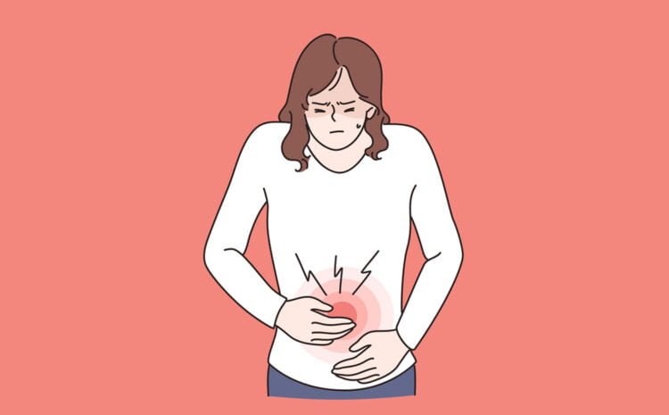 Drawing of a woman holding her tummy looking uncomfortable due to constipation